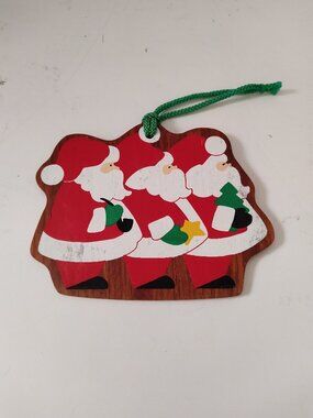 Vintage 1987 Wooden Xmas Ornament 3 Santas